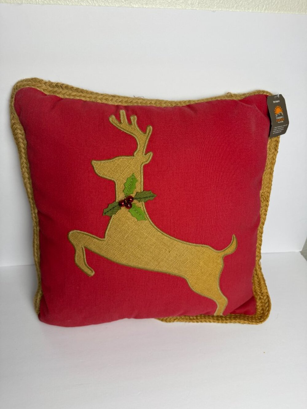 Pier 1 Imports Christmas Reindeer Pillow Red Braided Jute Trim Indoor Outdoor